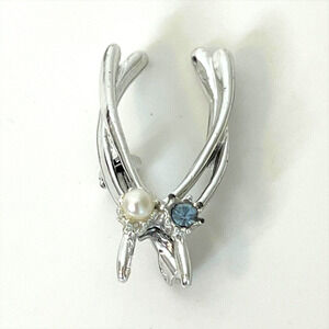 Double Wishbone Brooch Silver Tone with Blue Rhinestone and Pearl Accents